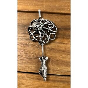 Gothic Octopus Skeleton Key Brooch Pin Silver Tone Green Eyes Ocean Jewelry 5"